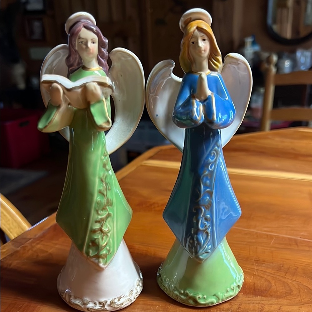 Vintage Ceramic Angel Figurines - Green and Blue Christmas PAIR